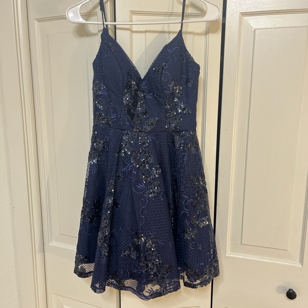 Chic Midnight Blue Embellished Mini Dress